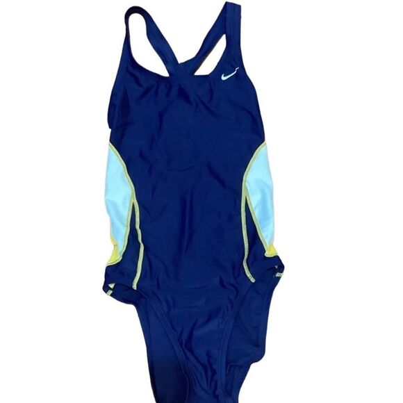 Nike Training One Piece Swimsuit Blue Yellow Sz 4 - Picture 3 of 9